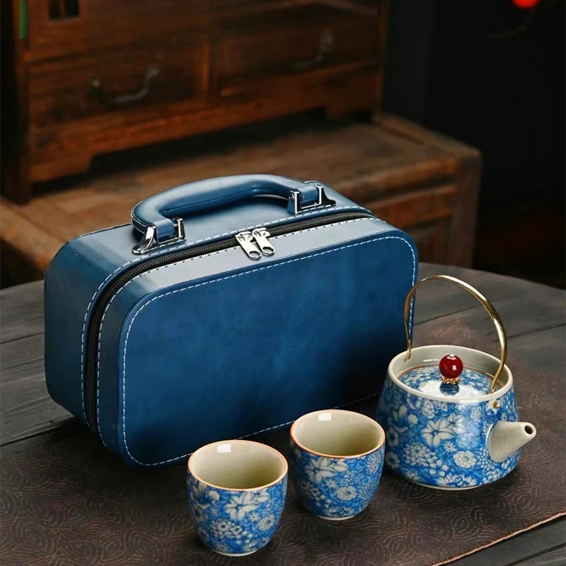 Creative Travel Kung Fu Portable Ceramic TeaSet Chinese Style Household Outdoor One Pot Two Cups Handle Teapot Business Gift Box