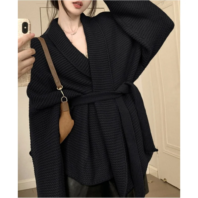 Knitted Cardigan Female Bathrobe Wind Aura Type Tie Fall and Winter Lazy Wind Sweater Jacket in Long Cardigan Loose