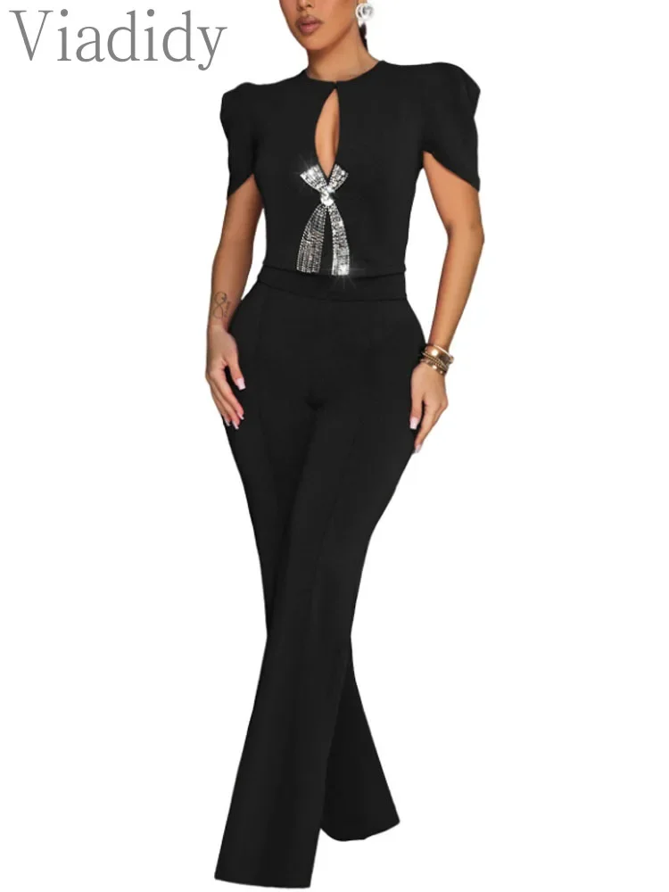 Women's Evening Formal Wear Solid Color Short Sleeve Round Neck Wide Leg High Waist Jumpsuits Rompers