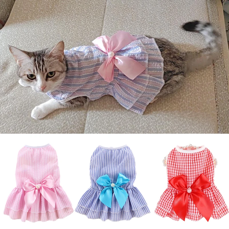 Spring Summer Stripe Sphynx Cat Bow Skirt Cute Pet Dress for Cats Gotas Katten Kedi Dresses mascotas Clothes Clothing vestido