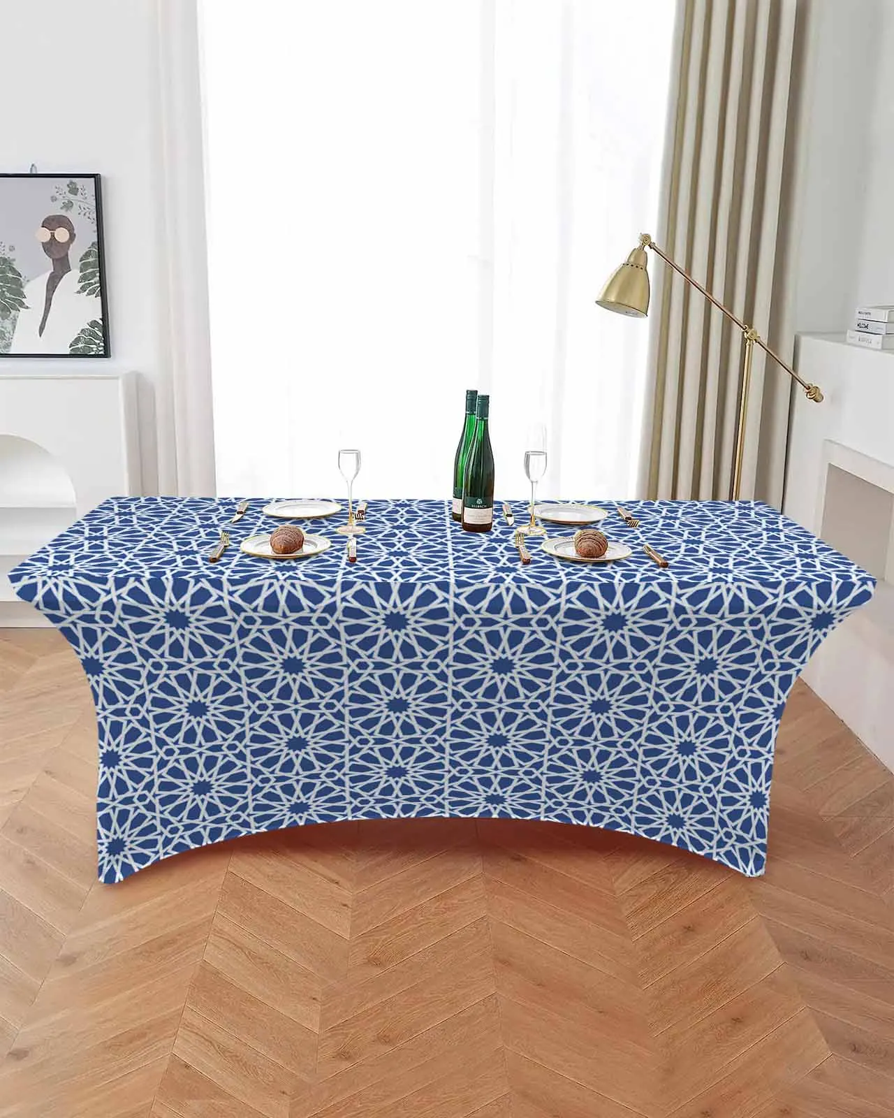 Abstract Geometric Pattern Indigo Elastic Table Skirt Wedding Hotel Birthday Table Cover Buffet Table Tablecloth Decor