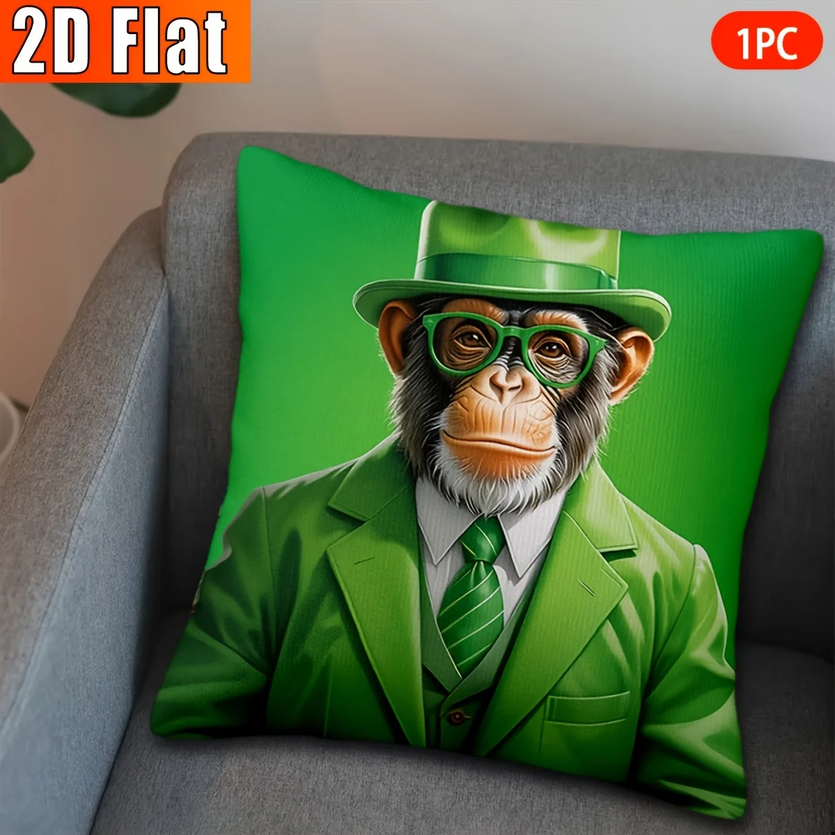 Funny Green Suit Monkey Pillow Case, Cool Chimpanzee Cushion Cover, Quirky Animal Art Home Decor for Sofa Living Room Gift