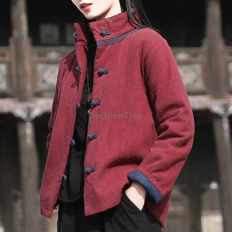 

2025 retro cotton linen women's coat chinese style quilted tang suit coat stand collar disc buckle winter daily cotton jacket