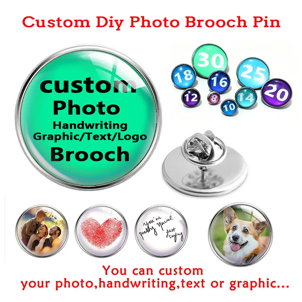 Custom Brooches Personalized Photo Text Logo Glass Cabochon Men Women Stainless Steel Backpack Lapel Button Badges Brooch Pin