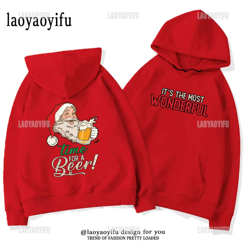 2024 New Year Vibe Clothing Drink Beer Santa Claus Print Hoodie The Most Wonderful Moment Men's Women's Festival Sweatshirts