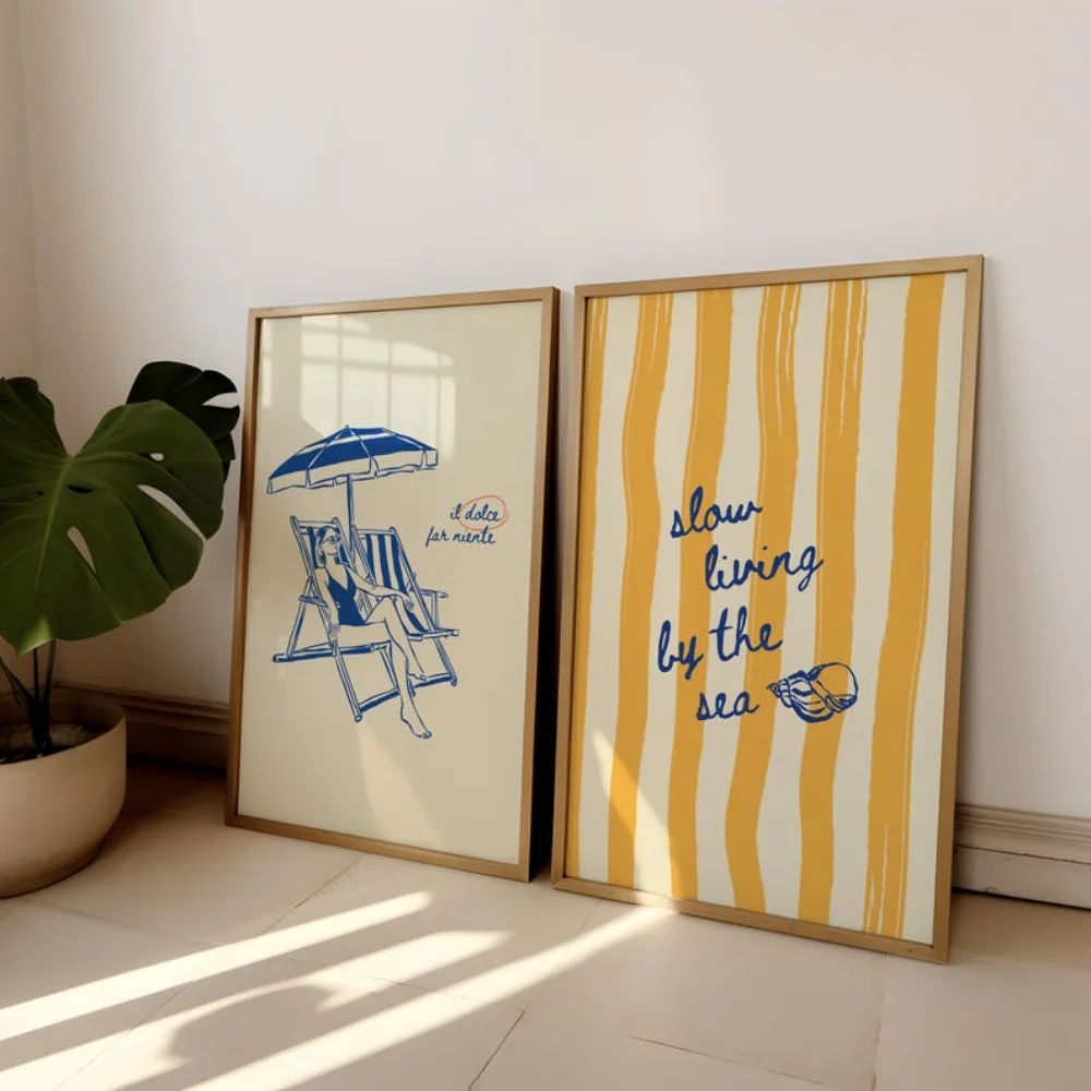 2-piece Set of Frameless Canvas Painting,Bohemian Yellow and Blue Bedroom and Living Room Wall Decor,Birthday Art Gift for Her