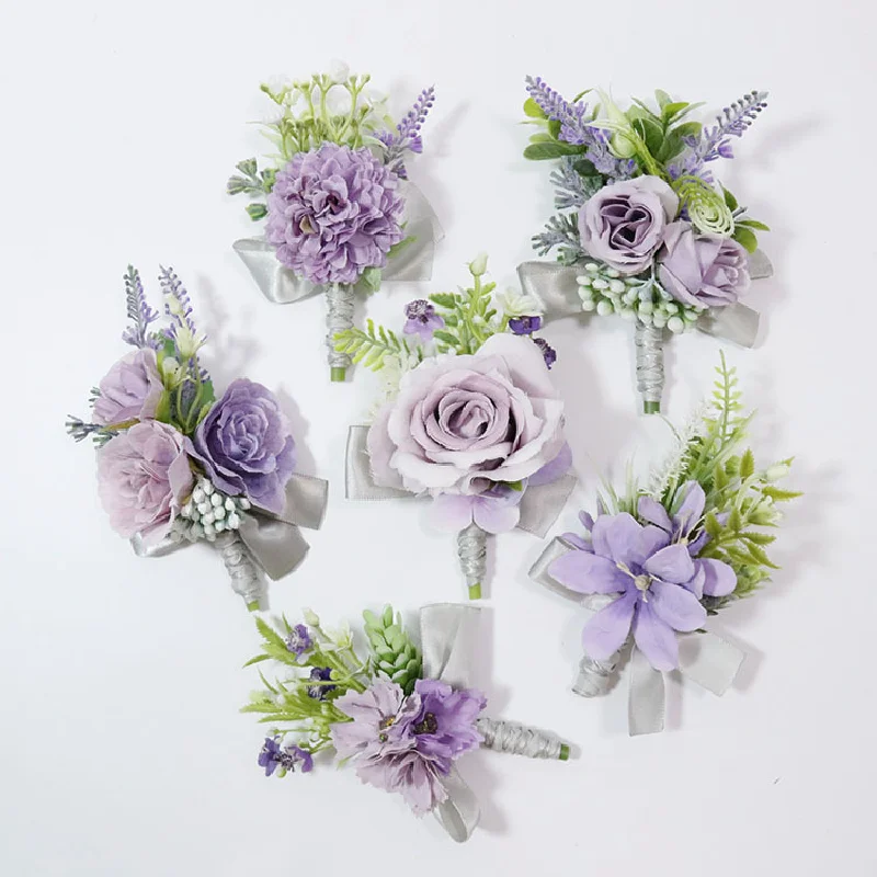 Boutonniere And Wrist Corsage Wedding Supplies Banquet Guests Simulated Flowers Groom Bride Purple 368