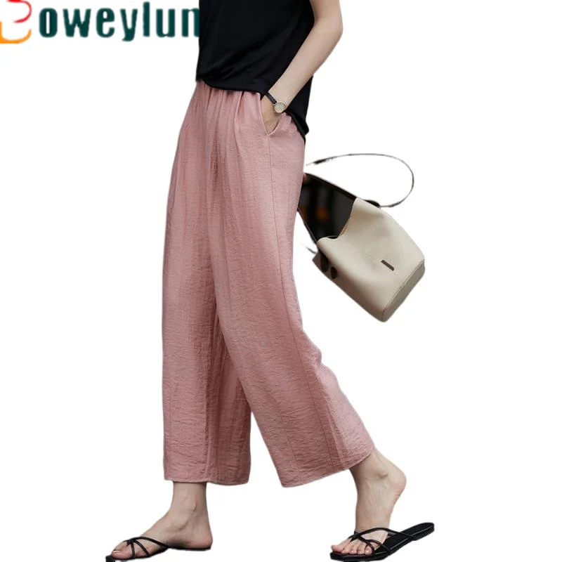 

Boweylun Summer Linen Nine-minute Wide-legged Pants Women Cool Breathable Loose Casual Straight Pants Female