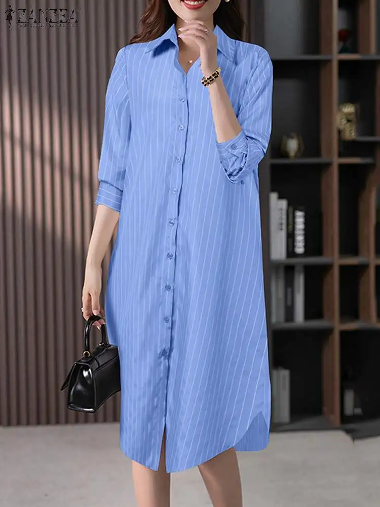 ZANZEA Fashion Women Shirt Dress Spring Lapel Neck Long Sleeve Striped Sundress Robe Femme Casual Buttons Down Midi Vestidos