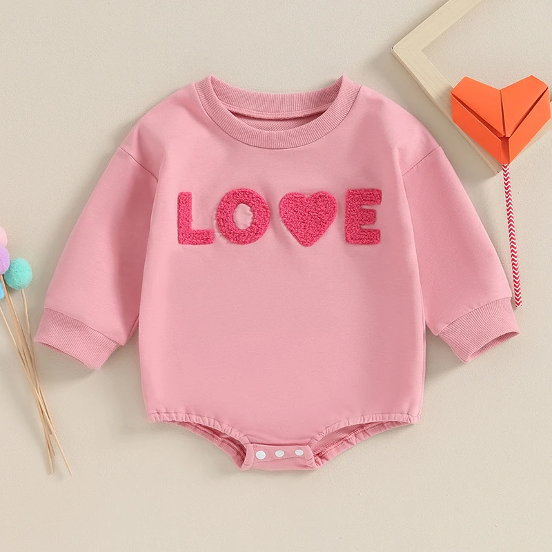 

Baby Girl Valentine s Day Soft Cotton Heart Print Round Neck Long Sleeve Romper with Snap Closure