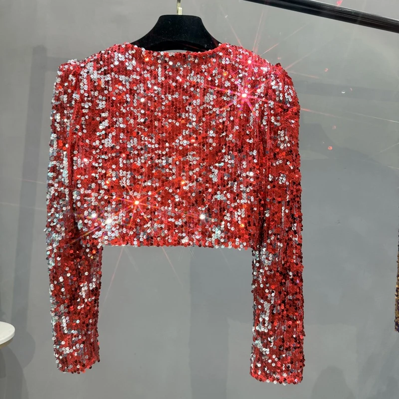Damen-Pailletten-Cardigan, kurz, langärmelig, glitzerndes Oberteil, funkelndes Bühnenkostüm, Party- und Clubkleidung, Tanzkostüm, Oberbekleidung, T-Shirt. – Detail 10