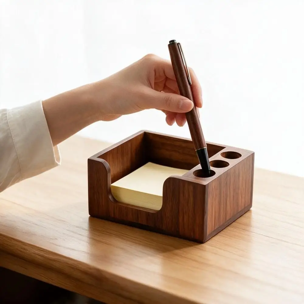 Nordic Style Wooden Desk Organizer 3 Pen Slots Non-slip Pen Holder Polished Surface Rectangular Sticky Note Stand Office