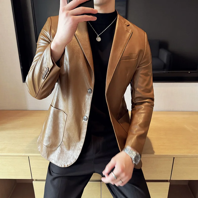 PFHQ PU Leather Jacket Men\'s Suit Korean Fashion Slim Fit Casual 2024 Solid Color Business Long Sleeve Male Blazer 21Z6151