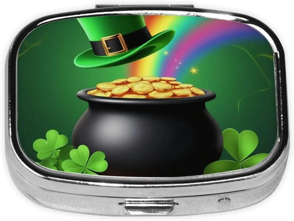St. Patrick's Day No. 4 printed pill box, metal square travel pill box, portable mini pill box, 2 compartments, can hold vitamins, cod liver oil, health supplements, etc.