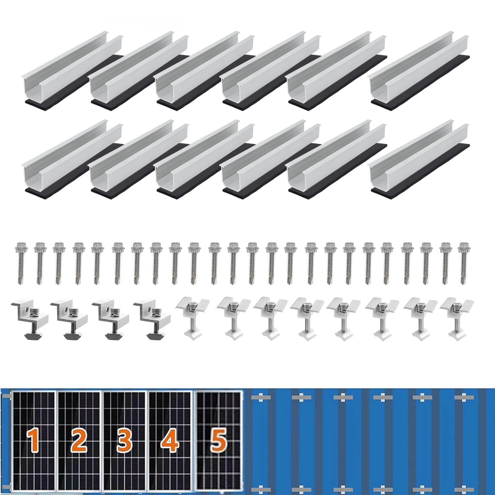 12/10Pcs Solar Panel Mounting Brackets Mid and End Clamps and 120mm Rails Kits for Roofing Solar Panels of Multiple Sized