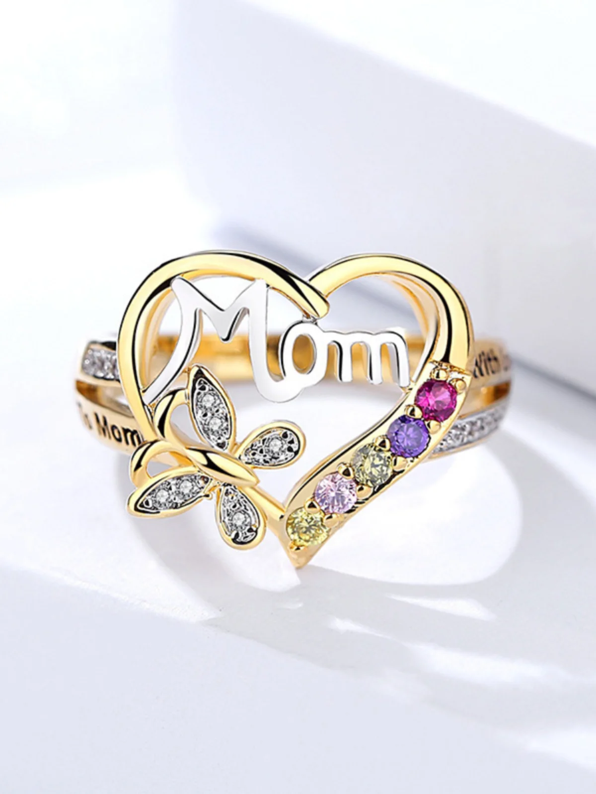 Hot Sale Love Set Diamond Butterfly Ring Fashion Temperament Mother's Day Letter MOM Colored Diamond Ring Wholesale Free Postage