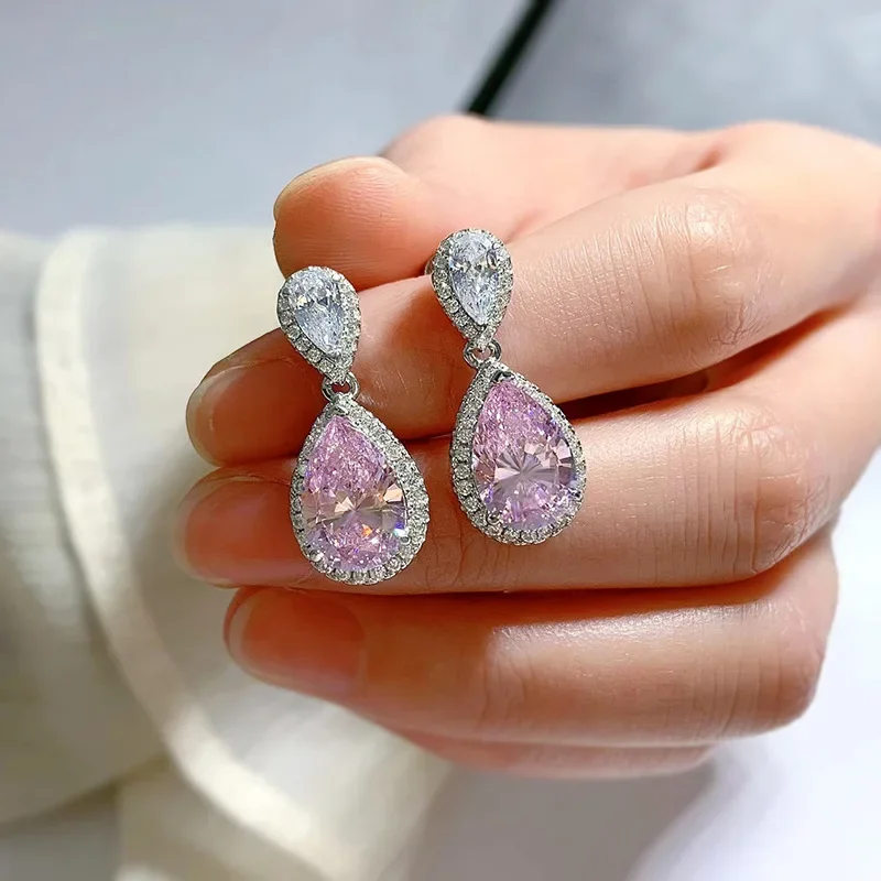 

2023 Pear Cut Pink Diamond Dangle Earring Real 925 sterling silver Party Wedding Drop Earrings for Women Engagement Jewelry Gift