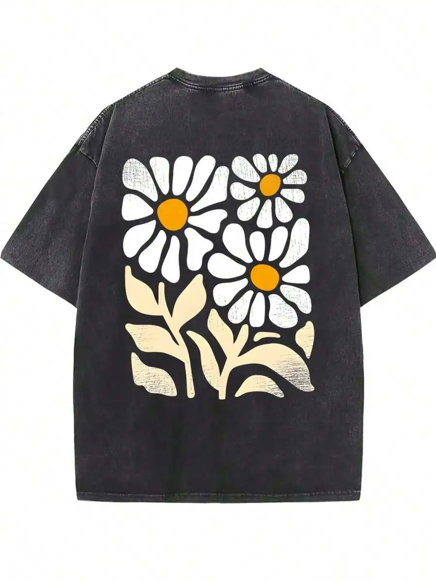Retro Faded Black Oversize Soft Cotton Graphic Tee For Men Women, Elegant White Yellow Daisy Vintage Flower Pattern, All-Match Everyday Comfort Tops, Unique Novelty Holiday Present