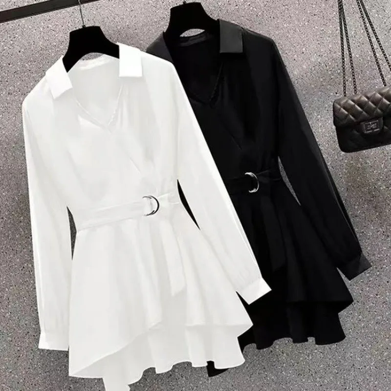 Women's Black White Shirt Lapel V Neck Long Sleeves Irregular Hem Waist Tight Adjustable Belt Pullover Shirt Top Female Clothing