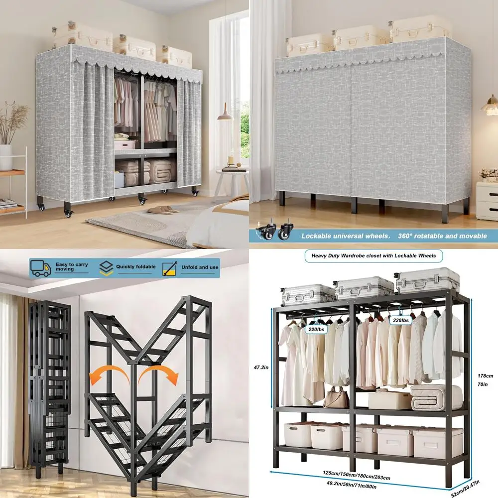 

Portable Heavy-Duty Foldable Clothes Rack with Zipper Cover for Hanging Clothing and Rolling Garment Storage, 2000lbs Capacity