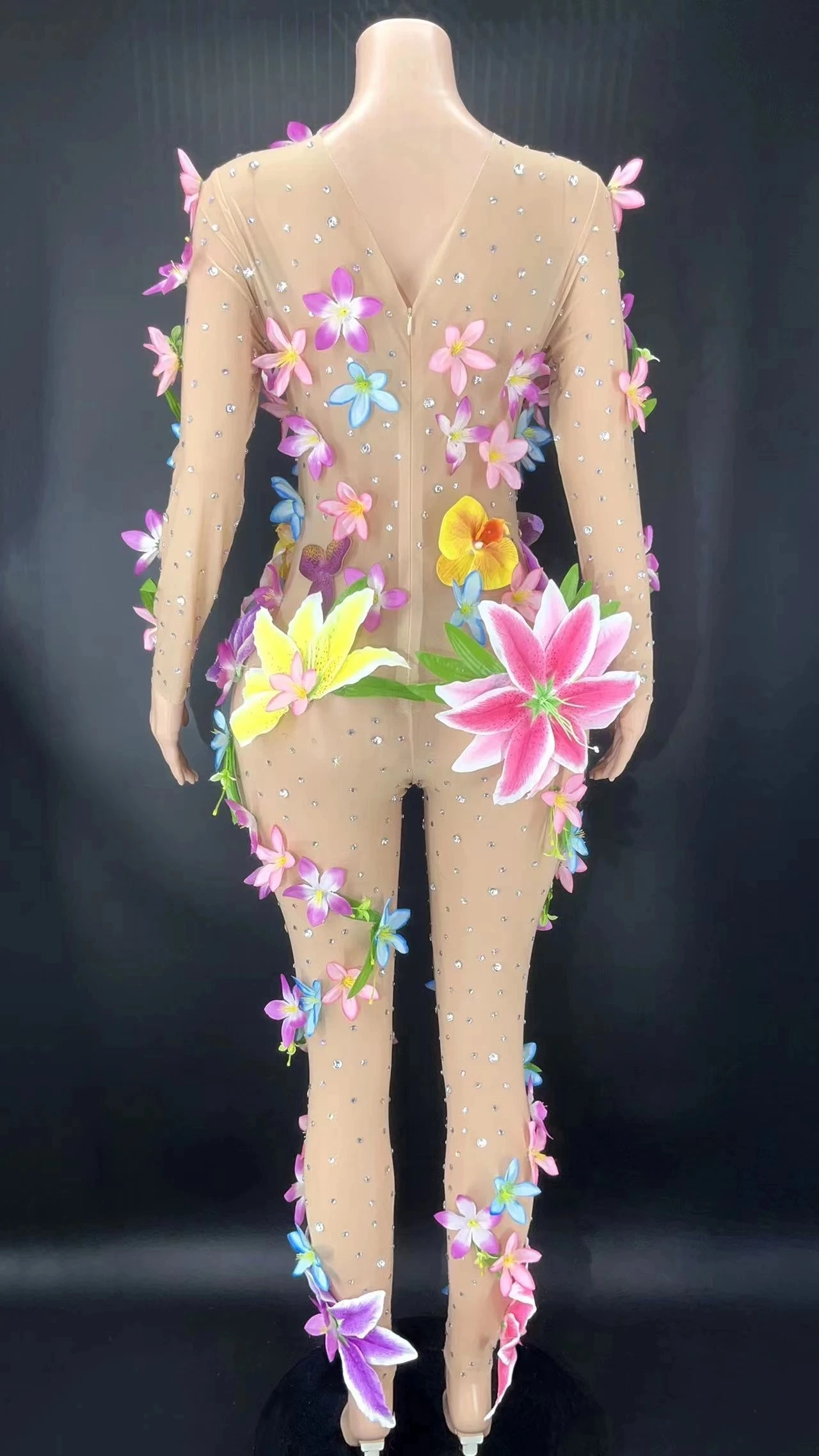 Tuta aderente con fiori Sexy See Through Nightclub Party Performance Costume Stage Wear Club Show Outfit