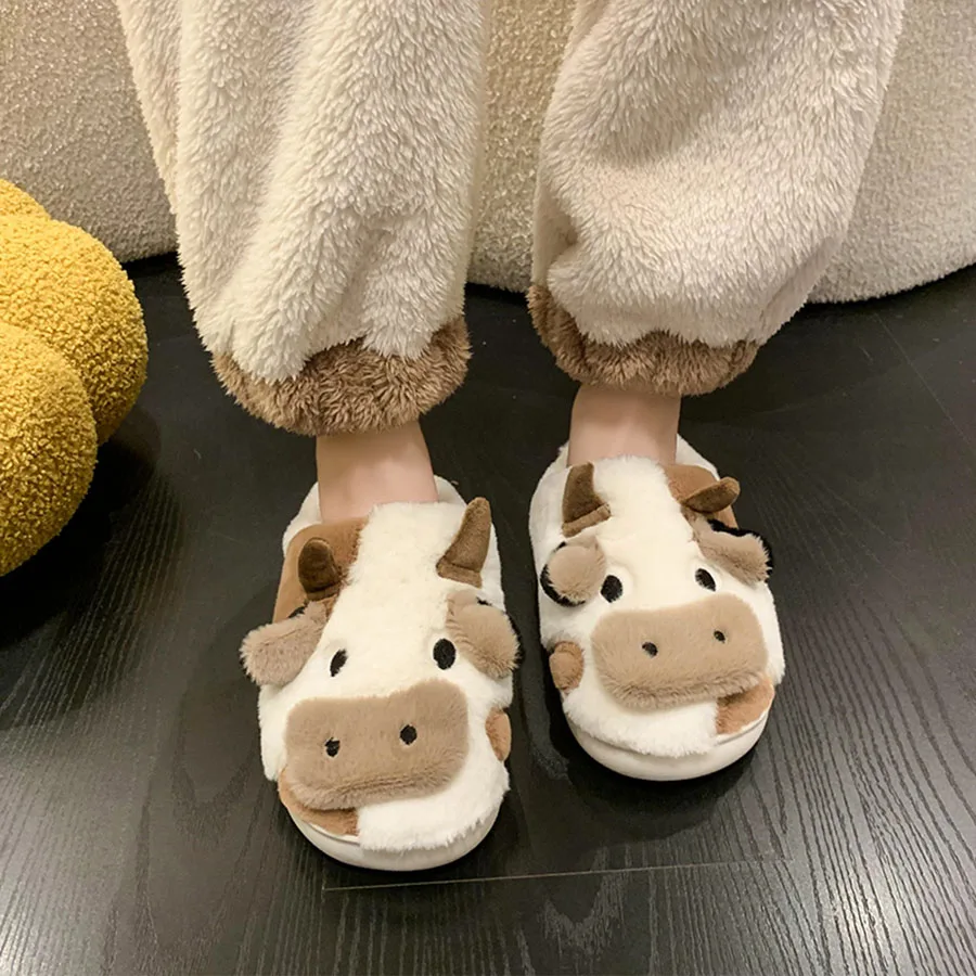 Chinelos macios de pelúcia para mulheres, desenhos animados vaca leite, sapatos casuais para meninas, engraçado e kawaii, quente para casa, fofo, inverno