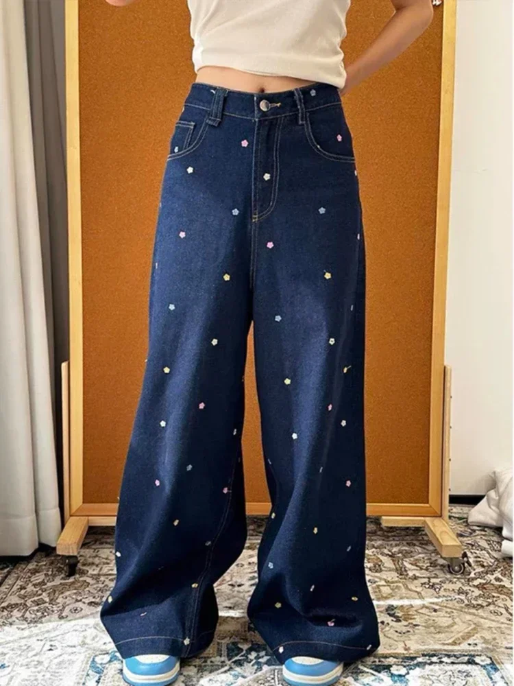 ADAgirl Women's Flower Embroidered Jeans Y2k Hip Hop Casual Loose Straight Korean Denim Pants Streetwear Harajuku Mujer Bottoms