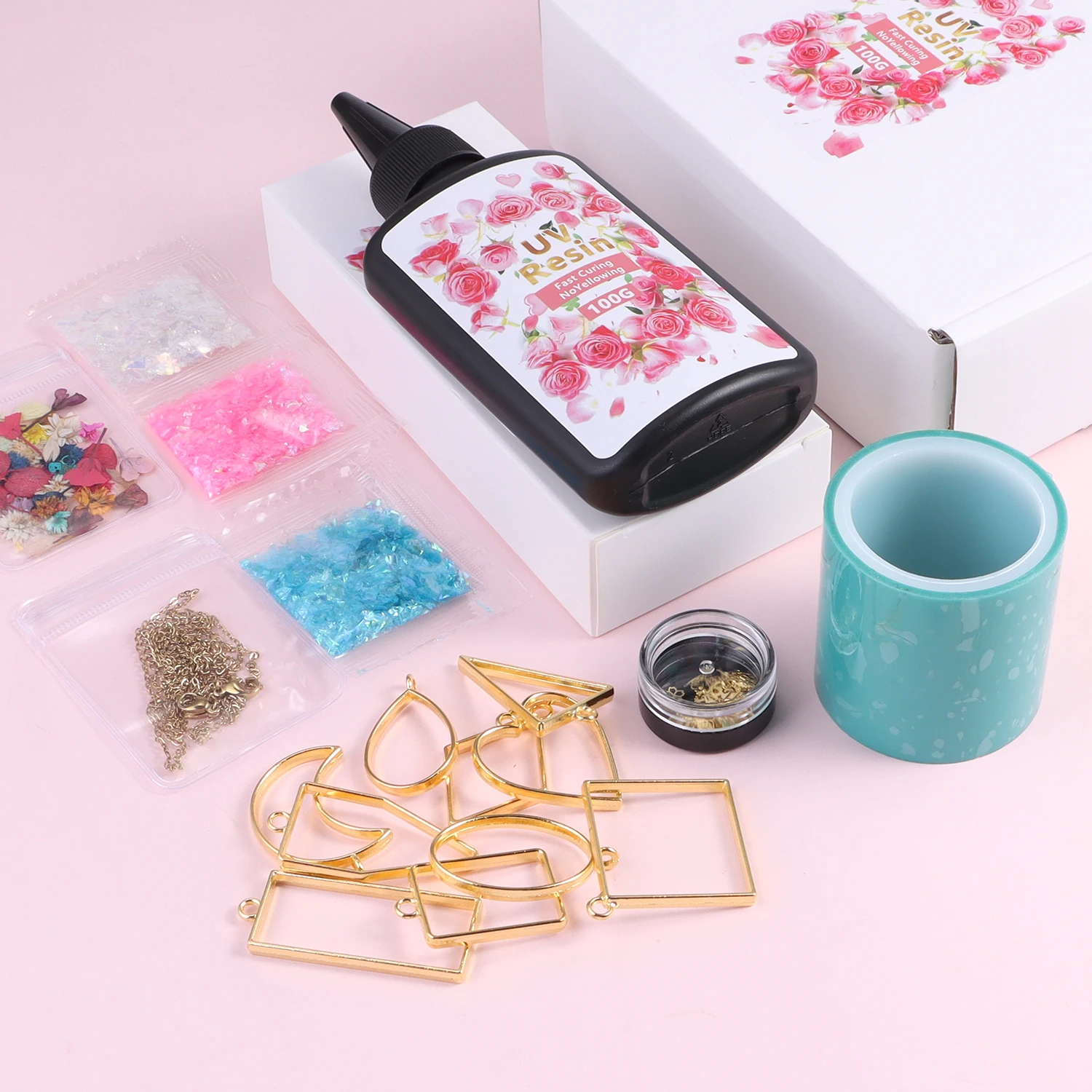 18PCS/SET DIY Resin Jewelry UV Glue&Geometry Frame&Sequin Filling Set,Family Parent-Child Handmade Drip Glue Material Package