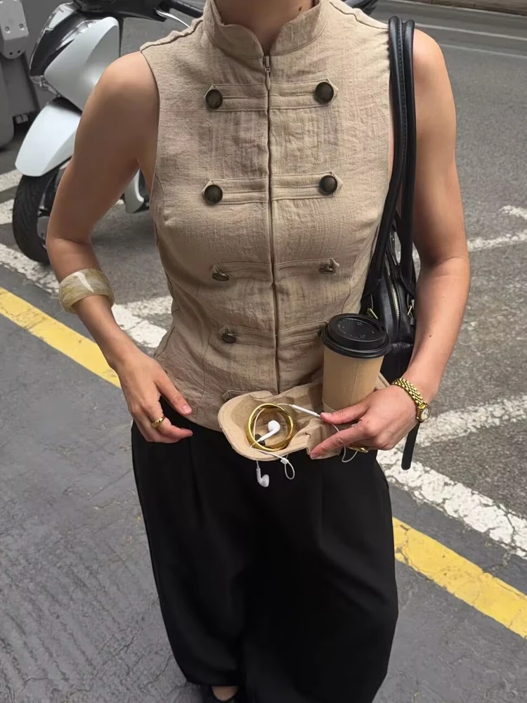 

HH Vintage Women Sleeveless Tank Tops Camis 2026 Summer Stand Collar Double-Breasted Button-Down Shirt Female Chic Street Vest