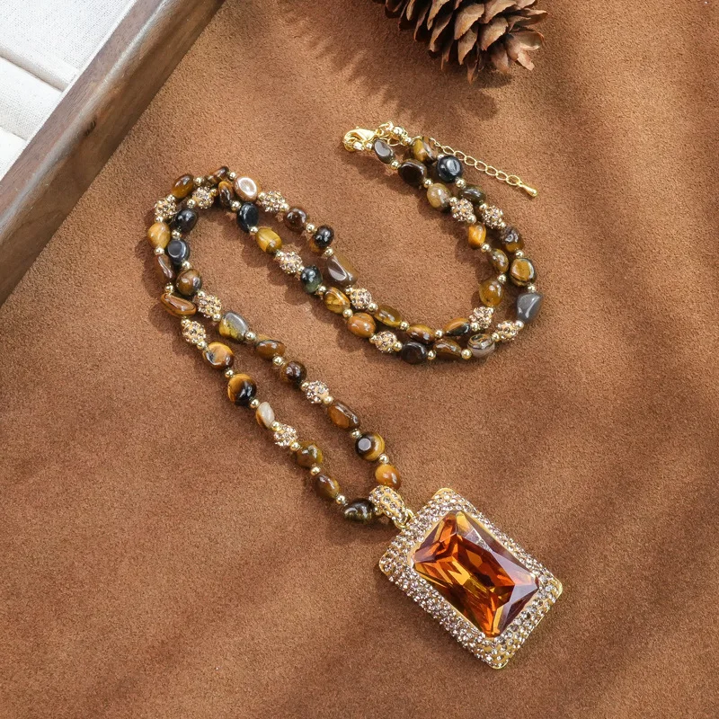 Champagne Gold Color Changing Sultan Stone Geometric Pendant Long Beaded Necklace Vintage Elegant Luxury Chic Jewelry For Women