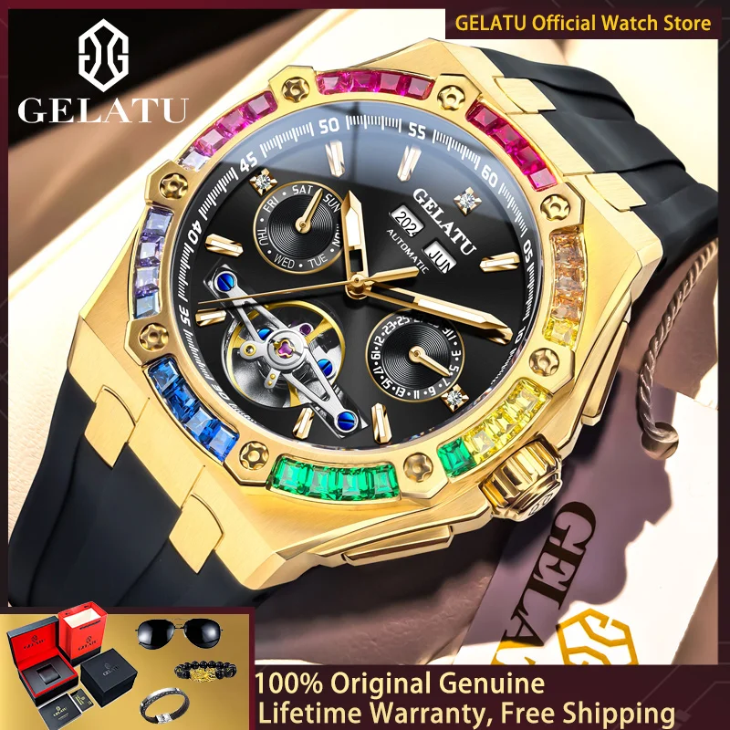 

Мужские часы GELATU 6022 Automatic Skeleton Flywheel с автоматическим механизмом, силиконовым ремешком, радужным бриллиантовым безелем, роскошные, механические.