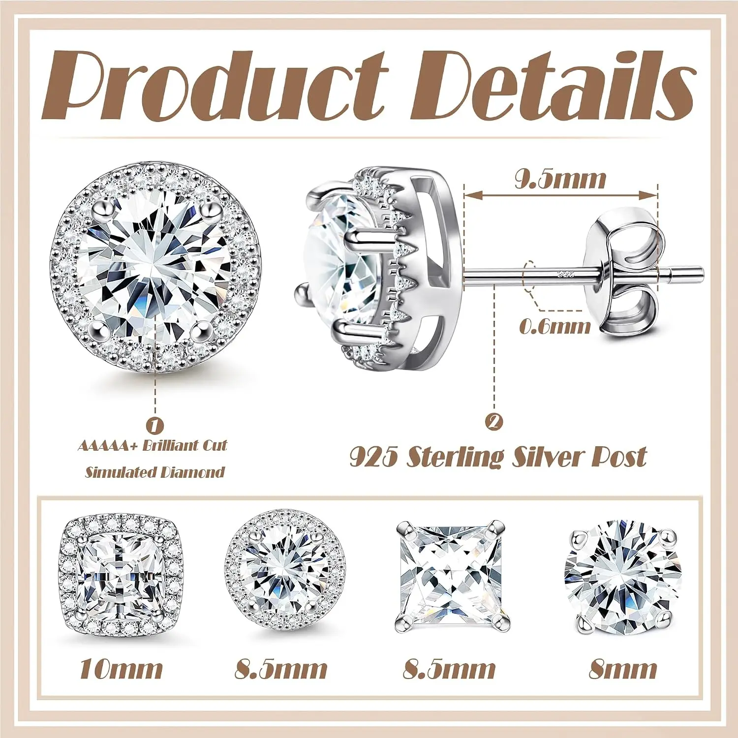 ORAZIO 1Pair Cubic Zirconia Stud Earrings White Gold Plated Hypoallergenic 925 Silver Post Large CZ Halo Stud Earring Women Man