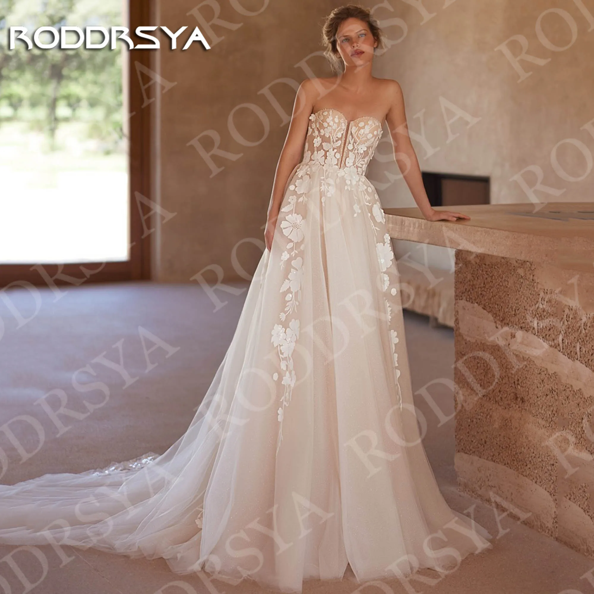 Roddrsya romântico uma linha vestidos de casamento para mulher fora do ombro floral renda tule vestido de noiva personalizado Romântico vestidos de noiva de linha para mulher fora do ombro Floral Lace Tulle Vestido de