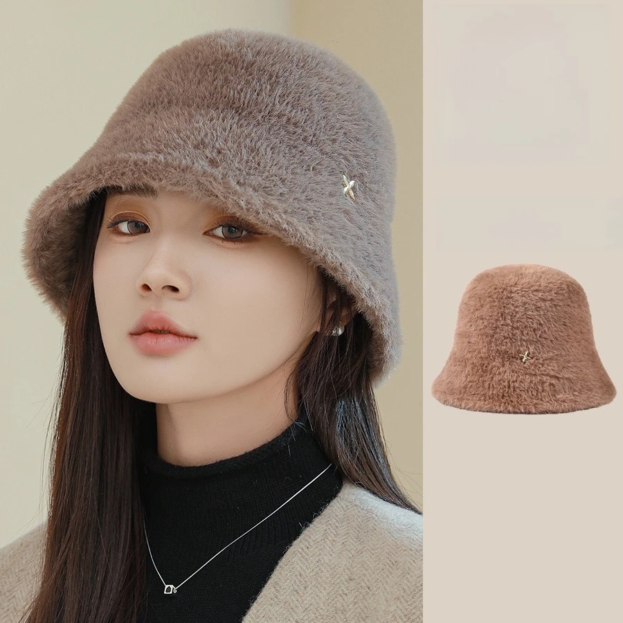 High-end Exquisite Tetragonal Mink Bucket Hat Female Korean Autumn and Winter New Elegant Versatile Warm Bucket Hat