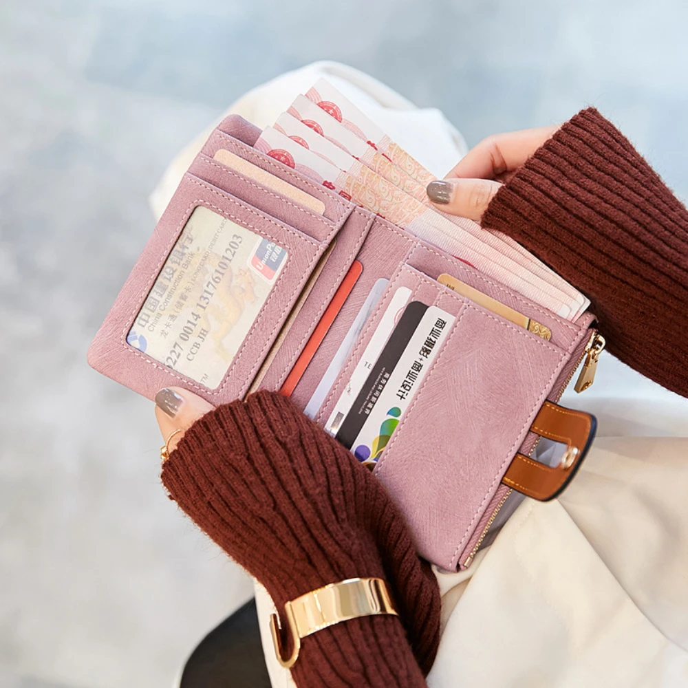 Fashion PU Leather Women's Wallet Short Double Fold Wallet ColorContrast Large Capacity Women's Credit Card Card Bag Money Bag