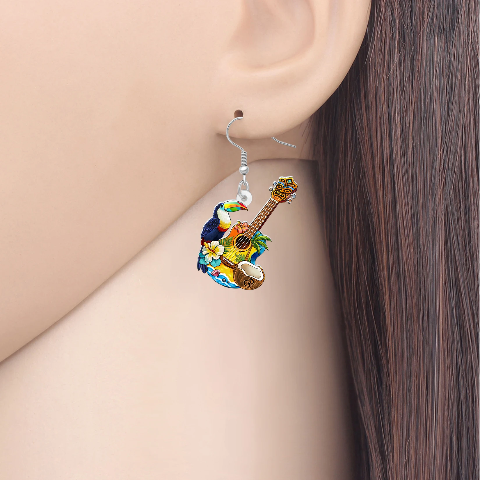 BONSNY Acrylic Ukulele Toucan Dangle Earrings Tropical Music Birds Hawaii Summer Beach Jewelry Gifts for Women Luau Party Charms