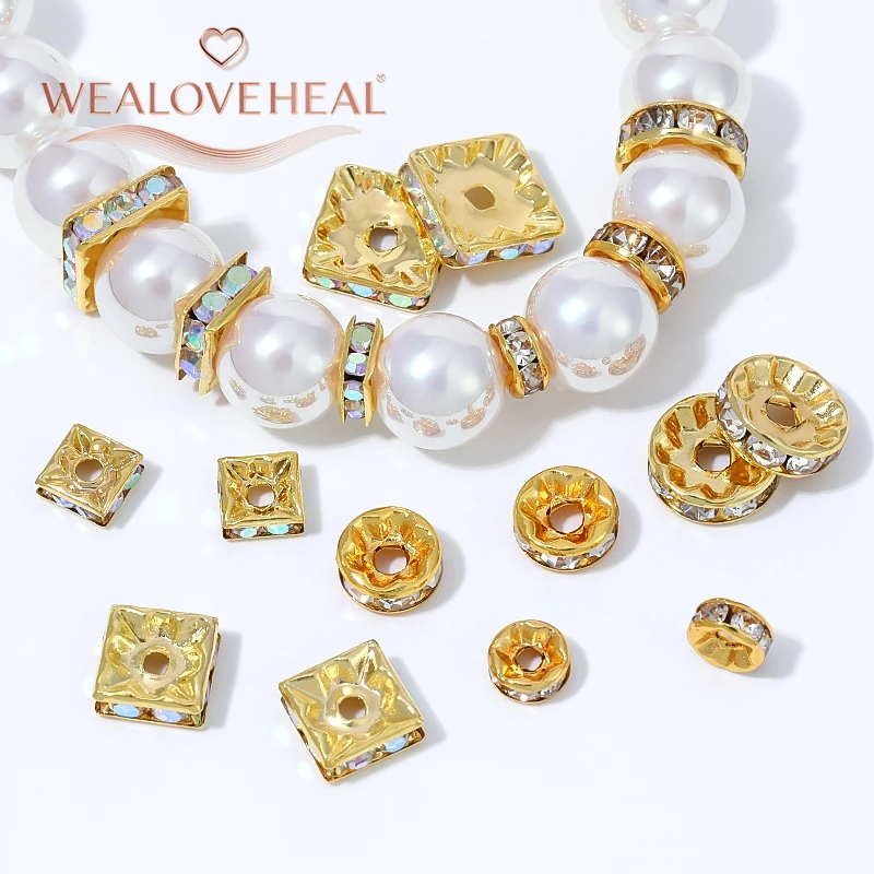 20 Stück 18K vergoldete Messing-Strass-Abstandshalterperlen, 6/8/10MM quadratische, runde, gehämmerte Trennperlen, DIY-Perlenherstellungszubehör – Detail 18