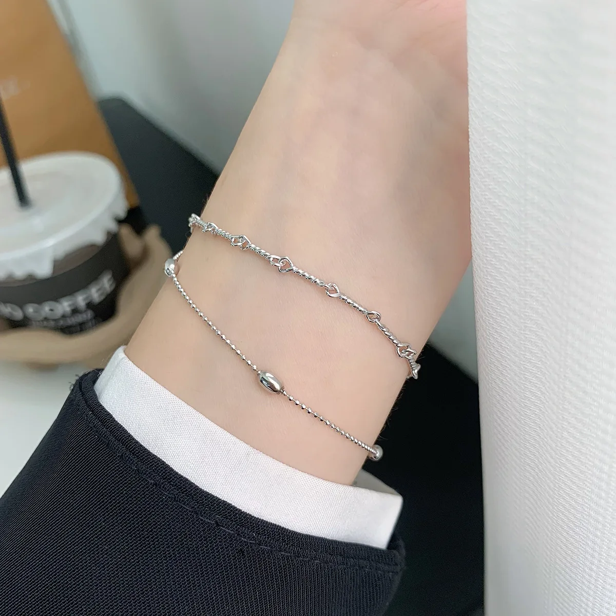 Stylish S925 Sterling Silver Bracelet with Round Beads and Small Grains, Unique Ellipsoid Design, Trendy Accessory for Women