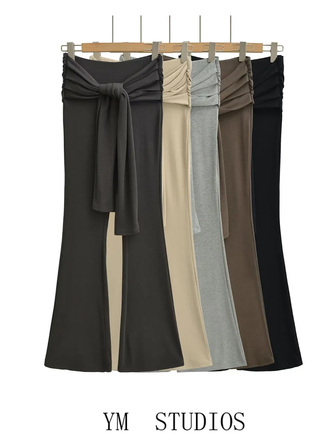 

High Waist Pleated Bell Bot Pants Women's High Elastici Casual Yoga Long Pants Faionable Design Folded Hem Detail