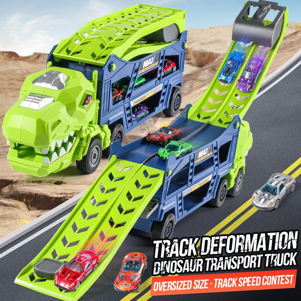 Zabawka - ciężarówka z torami dla dinozaurów, bez baterii, wyposażona w 6 metalowych samochodzików wyścigowych, na Boże Narodzenie, prezenty urodzinowe dla dzieci