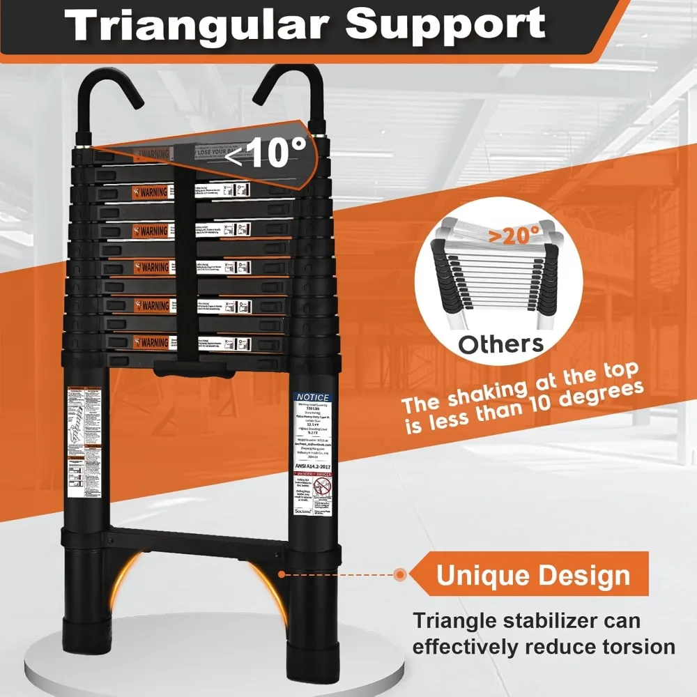 Aluminum Lightweight 12.5FT Telescoping Extension Ladder with 330lbs Capacity and 2 Triangle Stabilizers for Heavy-Duty Use