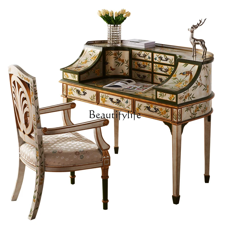 American painted desk book chair combination retro country rectangular with drawers all solid wood hand-painted writing desk