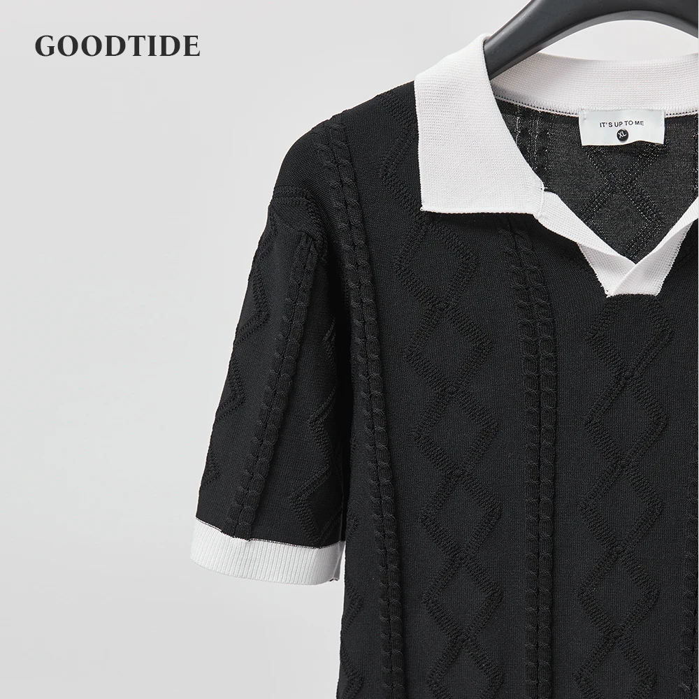 Fashion Men's Knitted Polo Shirt Breathable Contrast Color V-neck Jacquard Texture Loose Summer Casual Top Short Sleeve Men Polo