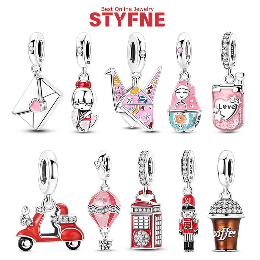 925 Silver Pink Charms Red Telephone Booth Soldier Beads Envelope Hot Air Balloon Pendant Fit Original Bracelets DIY Women Gift