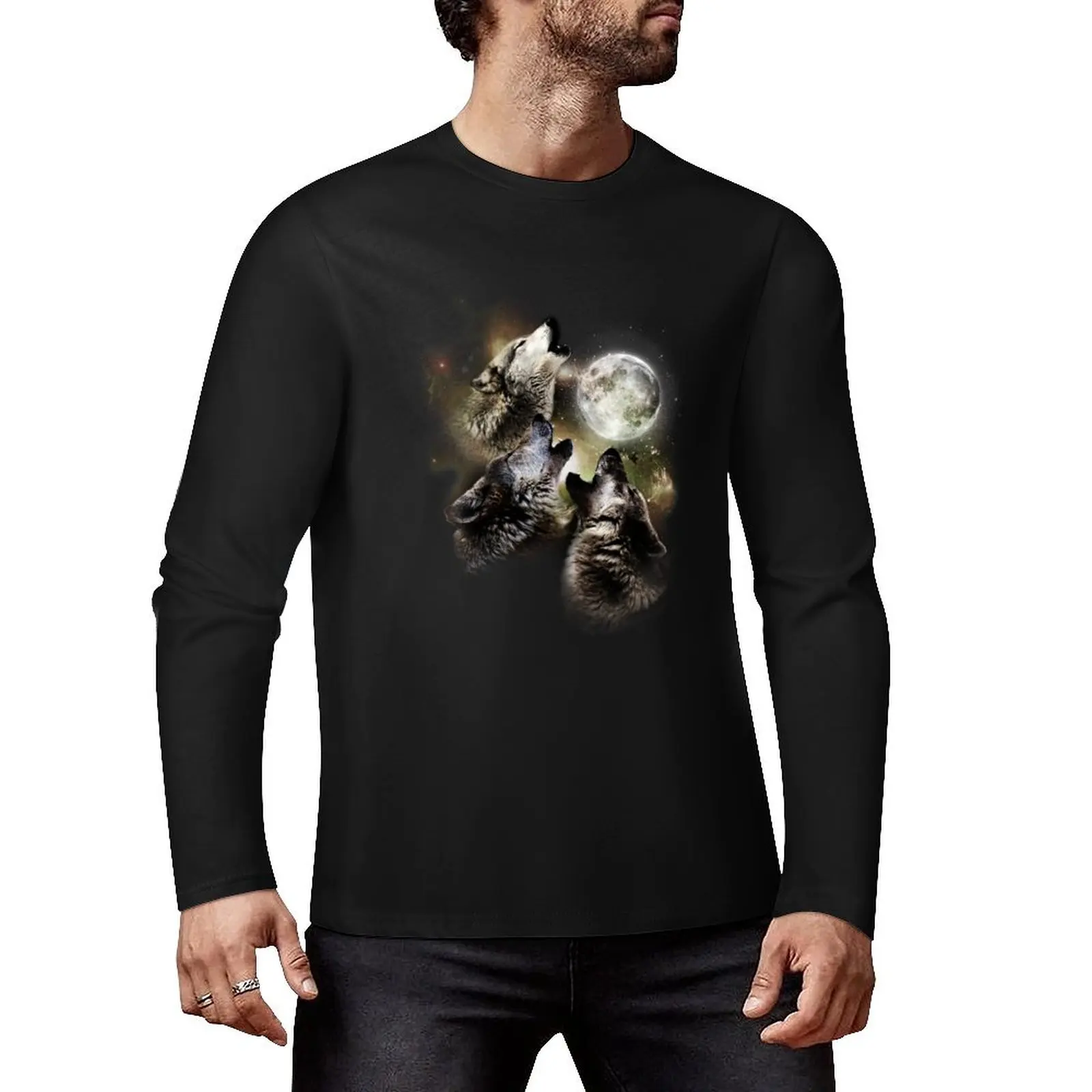 Three wolves howling at the moon Long T-Shirt quick drying t-shirt blank t shirts oversized t shirts for men