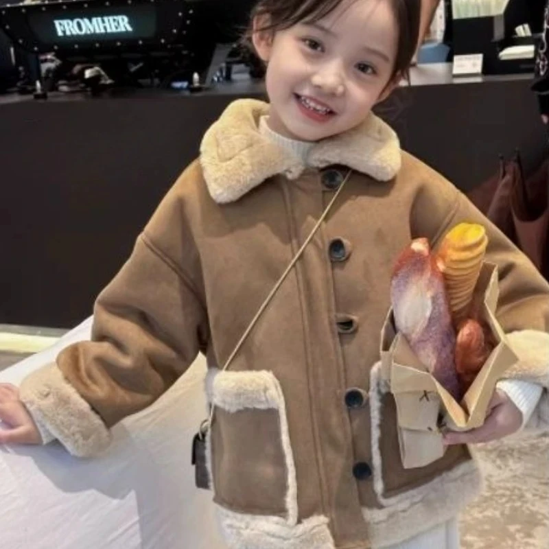 

Girls Autumn Winter 2025 New Winter Kids' Stylish Faux Fur Coat with Fleece Lining Thickened Wool Blend Jacket for Toddler
