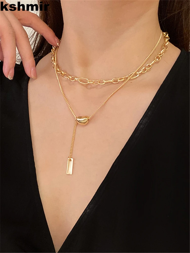 kshmir 2021 Double layered necklace with simple rectangular tag choker, female chain, clavicle chain, female accessories jewelry