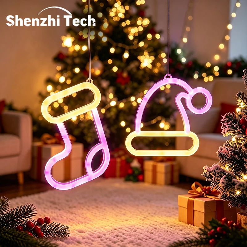 Weihnachts-LED-Neonschild Zweifarbige Neonlampe in Form einer Weihnachtsmannmütze und -strumpf USB-betrieben mit Aufhängelöchern Weihnachtsdekoration für Wand und Tisch