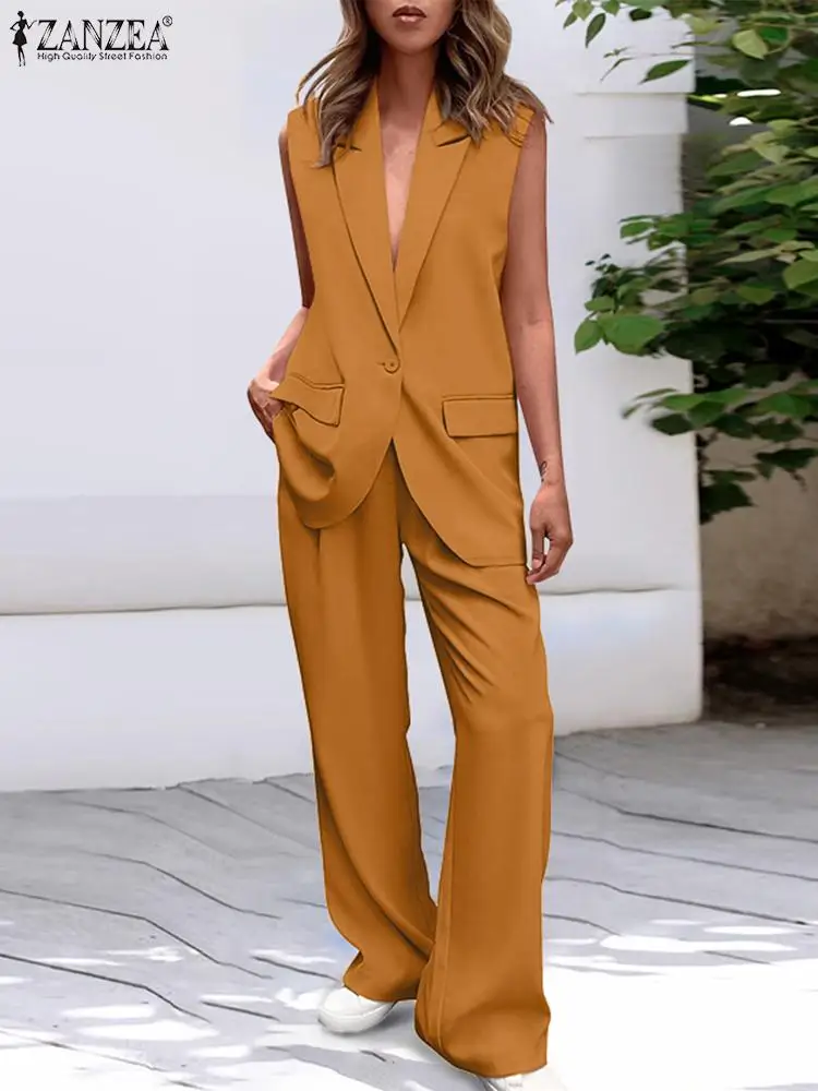 ZANZEA Elegant Women OL Blazer Suits Summer Fashion Office Tracksuit Casual Sleeveless Tops Pants Sets Solid 2PCS Work Outfits