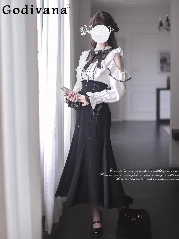 

Original Japanese Mine Lolita Long Sleeve Shirt and Fishtail Skirt Two-Piece Set Autumn Winter New College Style Women's Outfits